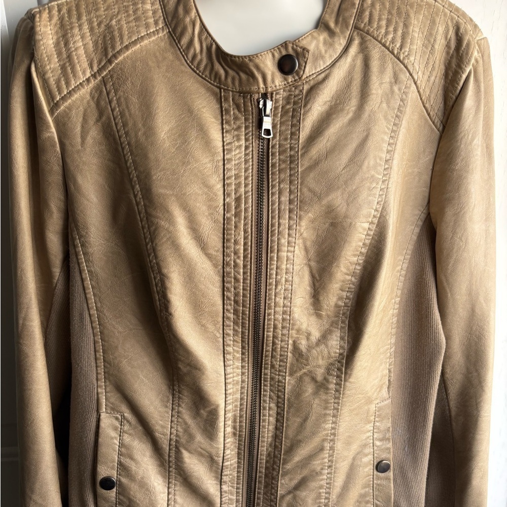 Sebby Collection Faux Leather Moto Jacket Light Taupe Stretch Side Panels Large - Picture 3 of 9